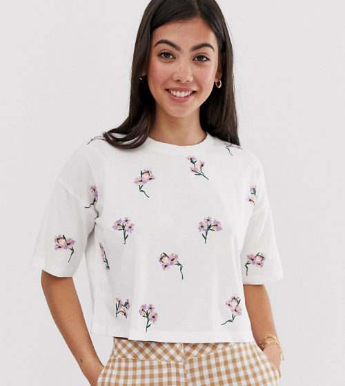 ASOS DESIGN Petite boxy t-shirt with all over ditsy embroidery in white
