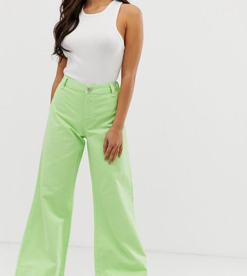 ASOS DESIGN Petite full length wide leg jeans in neon pastel green with deep hem detail