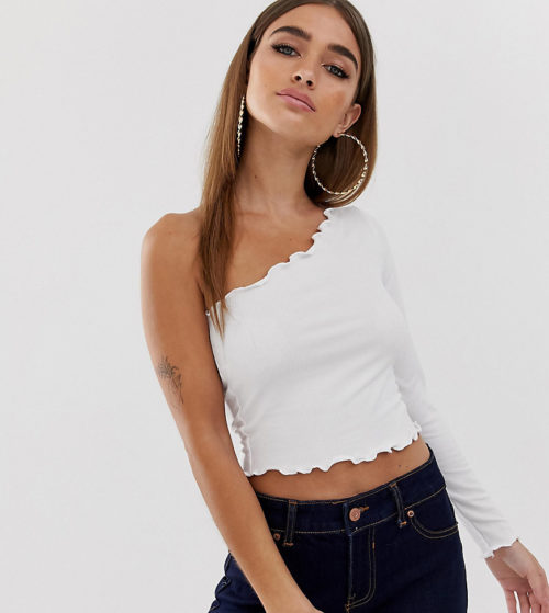 ASOS DESIGN Petite one shoulder long sleeve crop t-shirt with lettuce hem in white-Black