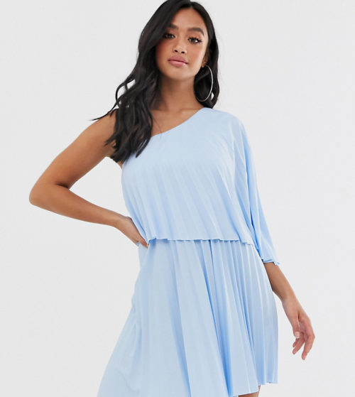 ASOS DESIGN Petite one shoulder pleated crop top mini dress-Blue