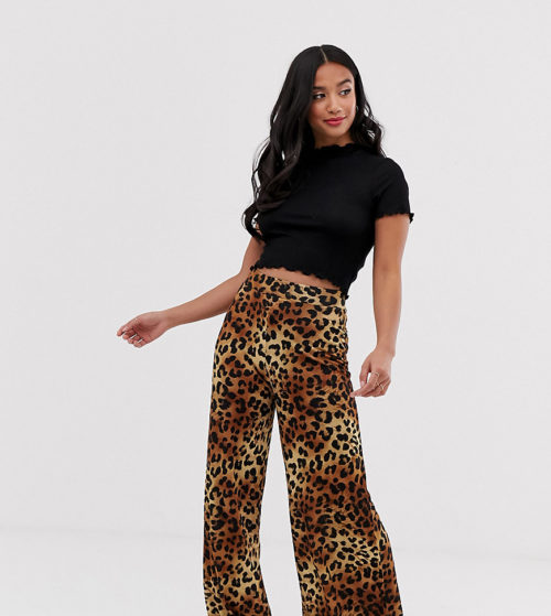 ASOS DESIGN Petite wide leg trousers in leopard print-Multi