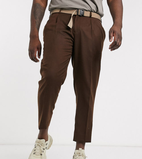 ASOS DESIGN Plus slim crop smart trousers with belt in brown texture-Grey