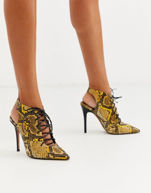 ASOS DESIGN Proud lace up high heeled shoe boots in yellow snake-Multi