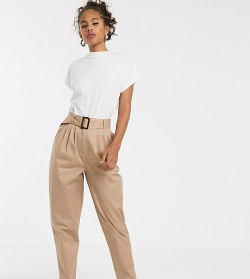 ASOS DESIGN Tall belted peg trousers with tortoiseshell buckle-Stone