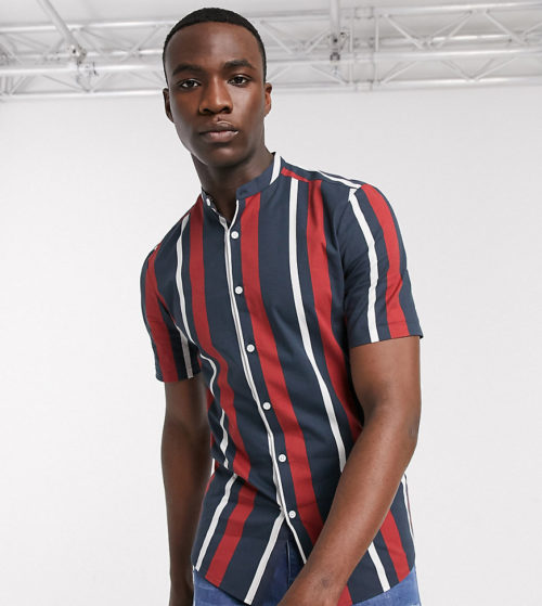ASOS DESIGN Tall grandad collar skinny fit shirt in retro stripe-Navy