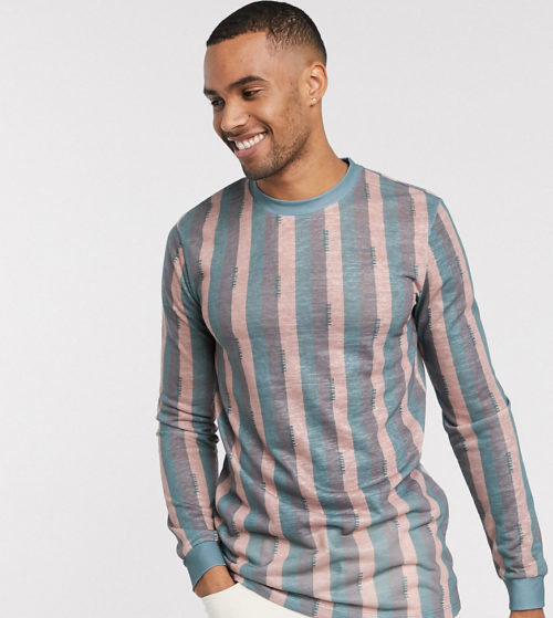 ASOS DESIGN Tall longline long sleeve stripe t-shirt with all over roman numerals in linen look-Multi