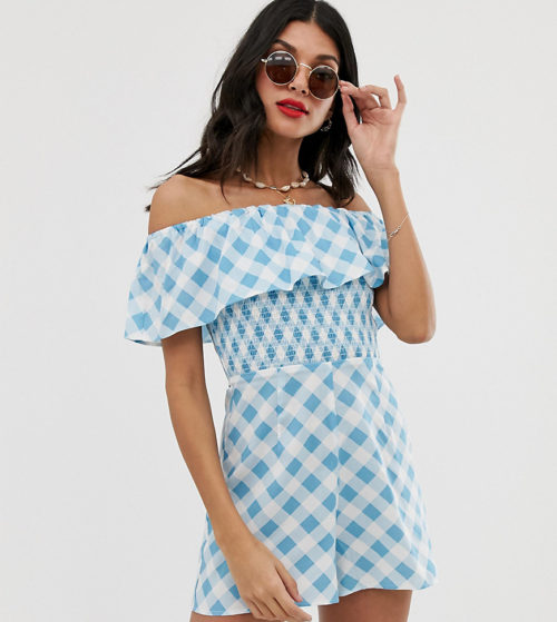 ASOS DESIGN Tall off shoulder ruffle playsuit with shirring in gingham print-Multi
