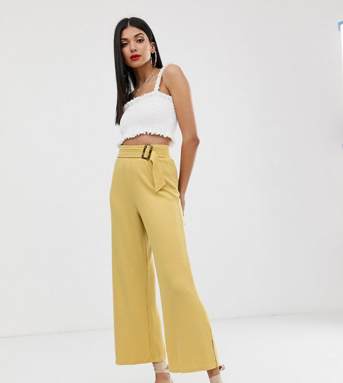 ASOS DESIGN Tall wide leg culotte in textured rib with tortoiseshell buckle-Yellow