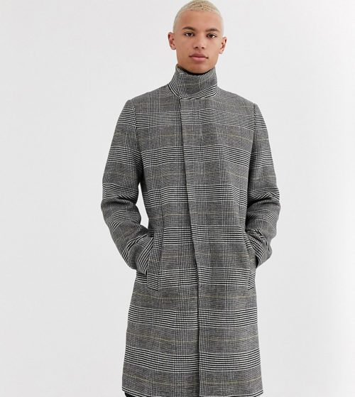 ASOS DESIGN Tall wool mix jacket with funnel neck in check-Grey