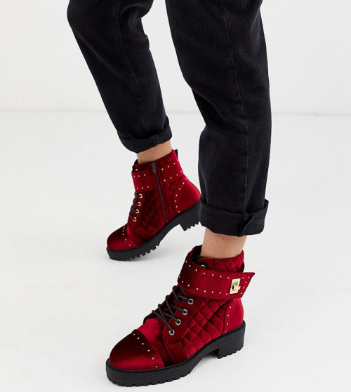 ASOS DESIGN Wide Fit Annabel studded lace up boots in red velvet