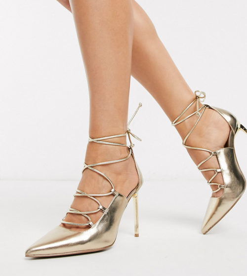 ASOS DESIGN Wide Fit Watchful ghillie tie court shoes in champagne gold