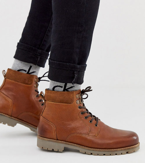 ASOS DESIGN Wide Fit lace up worker boots in tan leather