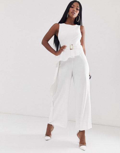 ASOS DESIGN belted jumpsuit with drape peplum-White
