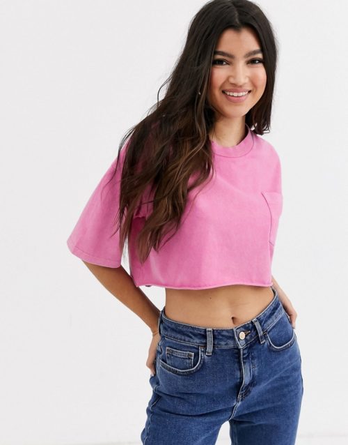 ASOS DESIGN boxy crop t-shirt with washed pocket in pink