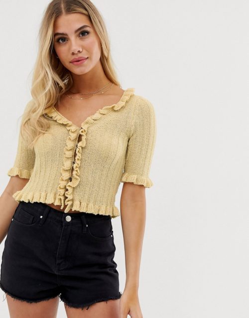 ASOS DESIGN cropped cardigan with ruffle edges-Yellow