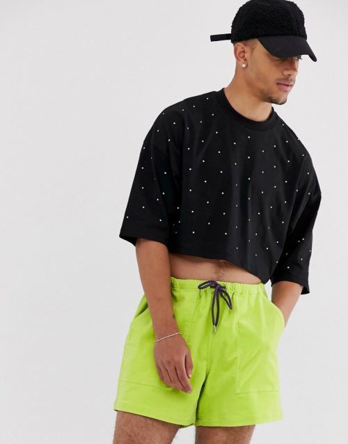 ASOS DESIGN cropped oversized t-shirt with half sleeve and neon embellished gems-Black