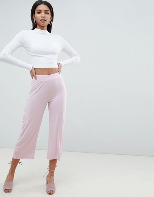 ASOS DESIGN cropped trousers with popper detail-Purple