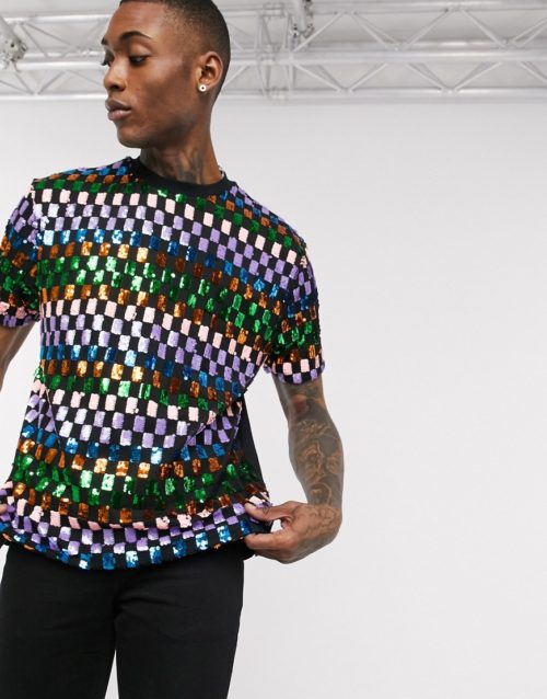 ASOS DESIGN festival relaxed t-shirt with all over rainbow sequin check-Multi