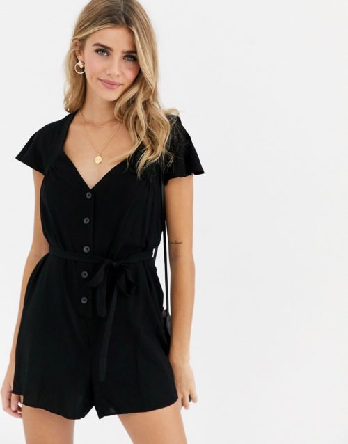 ASOS DESIGN frill sleeve playsuit with cut out back-Black