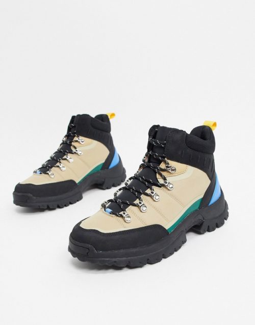 ASOS DESIGN hiker lace up boots in stone with colour pop details-Multi