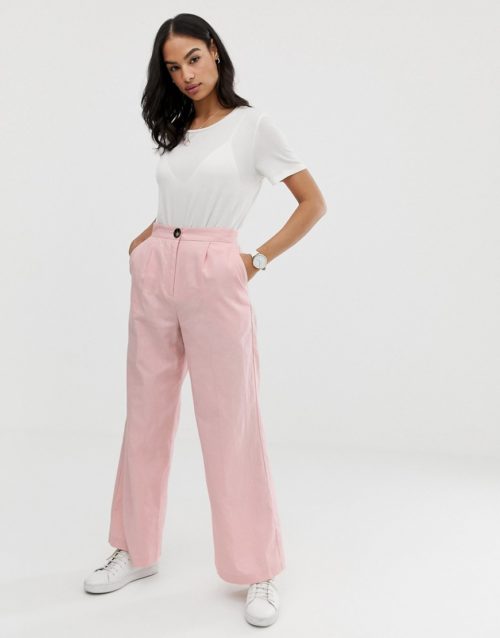 ASOS DESIGN linen wide leg trousers with horn button-Pink