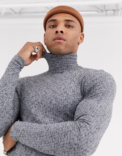 ASOS DESIGN muscle long sleeve t-shirt with roll neck in twisted rib-Grey
