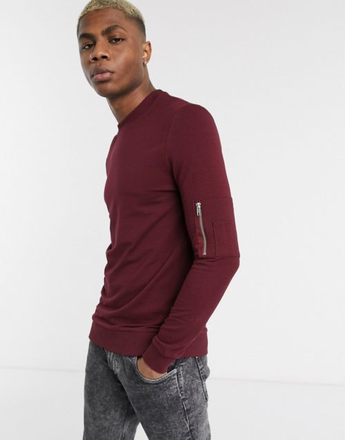 ASOS DESIGN muscle sweatshirt in burgundy with MA1 pocket-Red