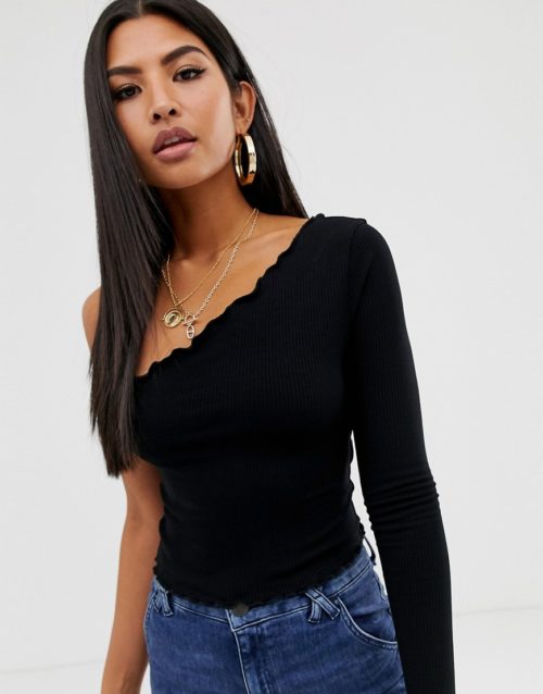 ASOS DESIGN one shoulder long sleeve crop t-shirt with lettuce hem in black