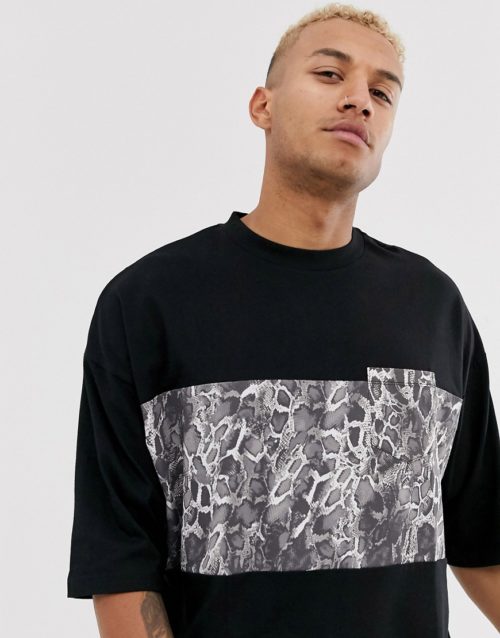 ASOS DESIGN organic cotton oversized t-shirt with animal colour block block and contrast pocket-Black