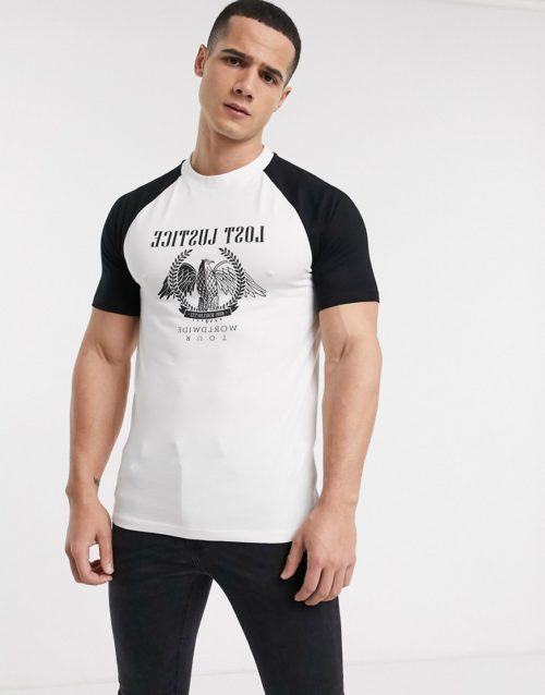 ASOS DESIGN organic cotton skinny contrast raglan t-shirt with plastisol print-White