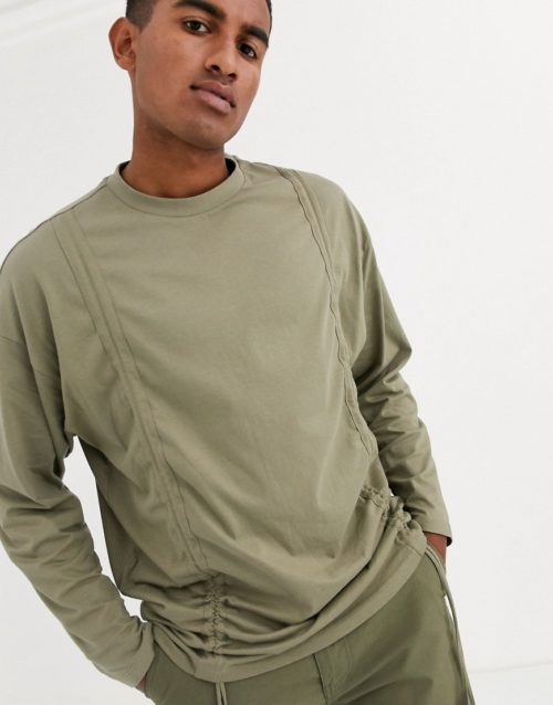 ASOS DESIGN organic oversized longline long sleeve t-shirt with ruching in khaki-Green