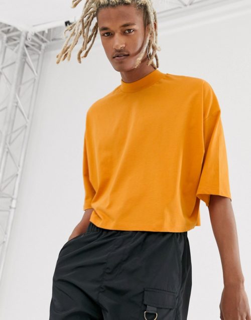 ASOS DESIGN oversized crop t-shirt with mid sleeve and high neck in orange-Brown