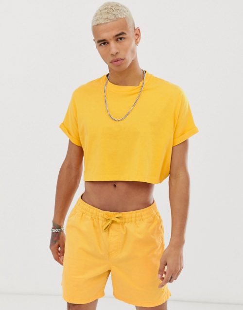 ASOS DESIGN oversized cropped t-shirt with roll sleeve in yellow