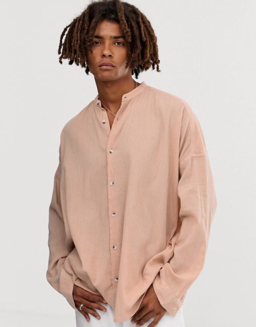 ASOS DESIGN oversized drop shoulder longline crinkle grandad collar shirt in pink