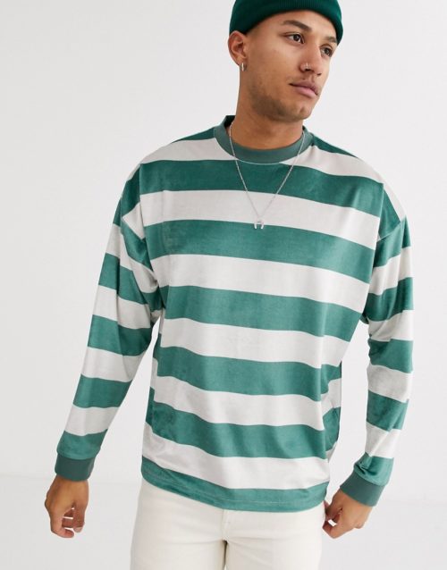 ASOS DESIGN oversized long sleeve wide stripe t-shirt in velour-Multi