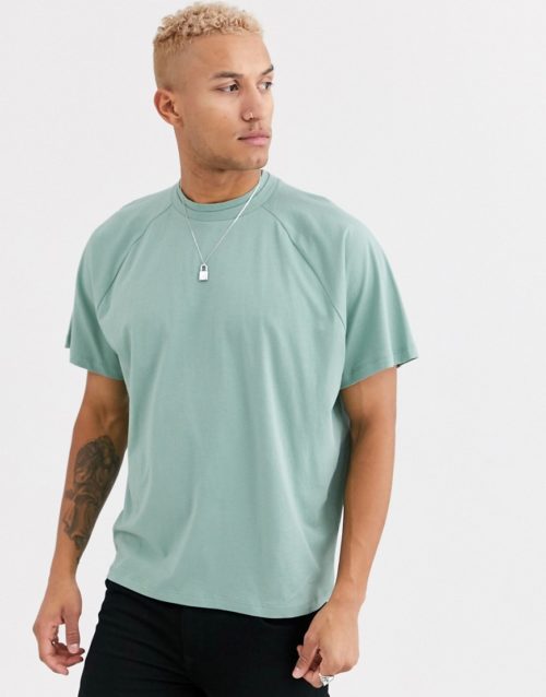 ASOS DESIGN oversized raglan t-shirt with double neck detail in green