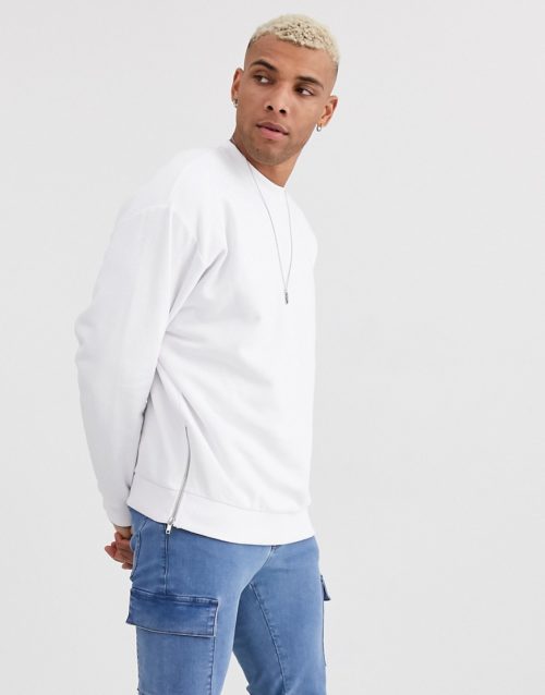 ASOS DESIGN oversized sweatshirt in white with silver side zips