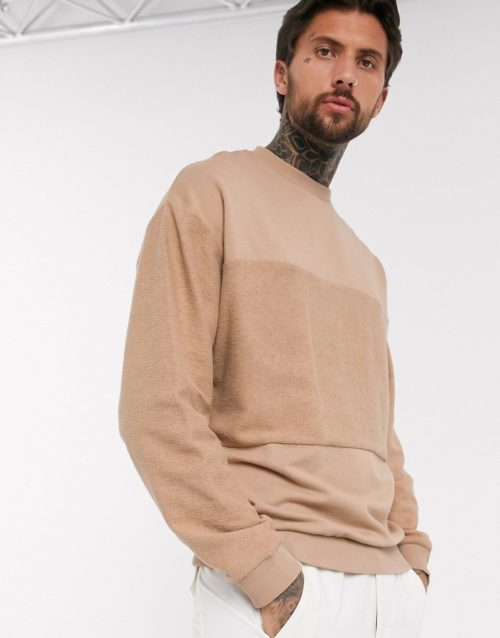 ASOS DESIGN oversized sweatshirt with cut and sew panel-Beige