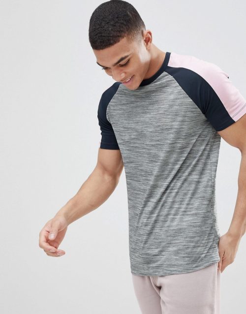 ASOS DESIGN raglan t-shirt in grey interest fabric with contrast split sleeves