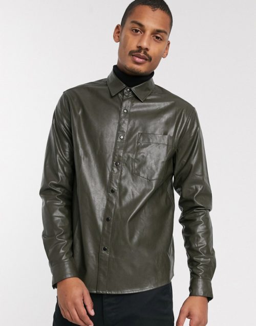 ASOS DESIGN regular fit faux leather shirt in khaki-Green