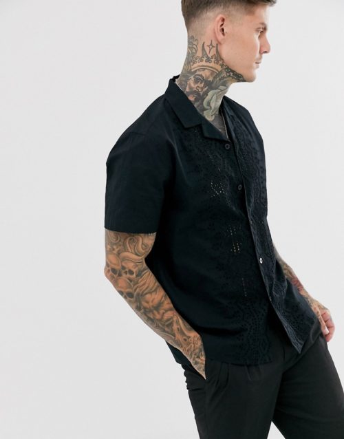 ASOS DESIGN relaxed fit black cotton shirt with embroidery detail and revere collar