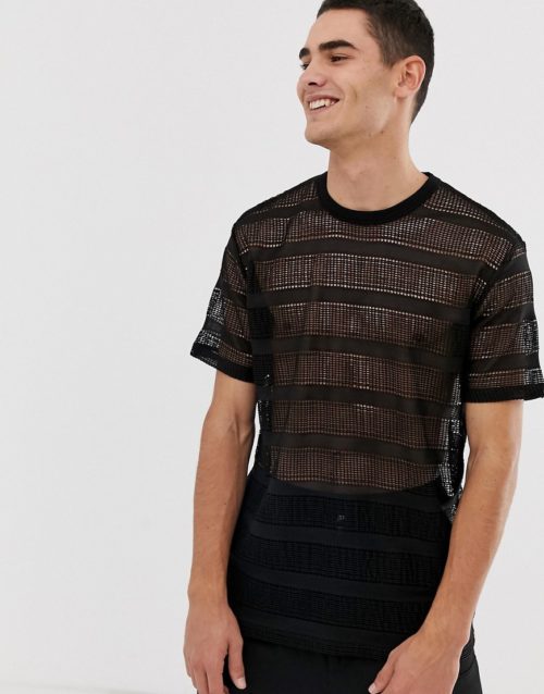 ASOS DESIGN relaxed t-shirt in stripe mesh in black
