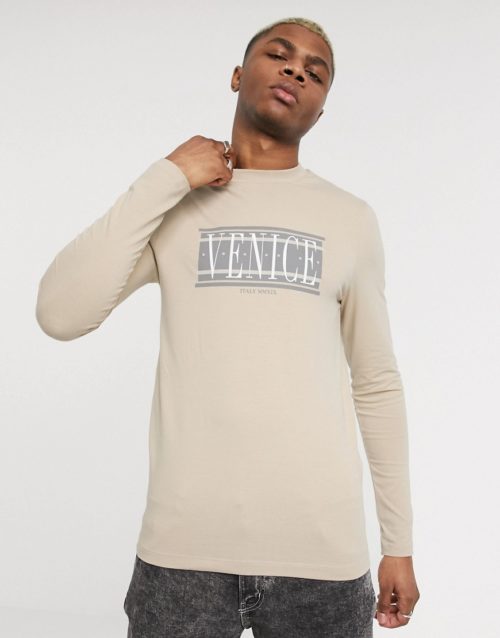 ASOS DESIGN skinny long sleeve t-shirt with city print in beige