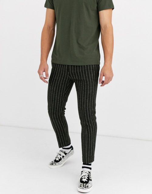 ASOS DESIGN slim crop smart trousers in wool mix stripe in green