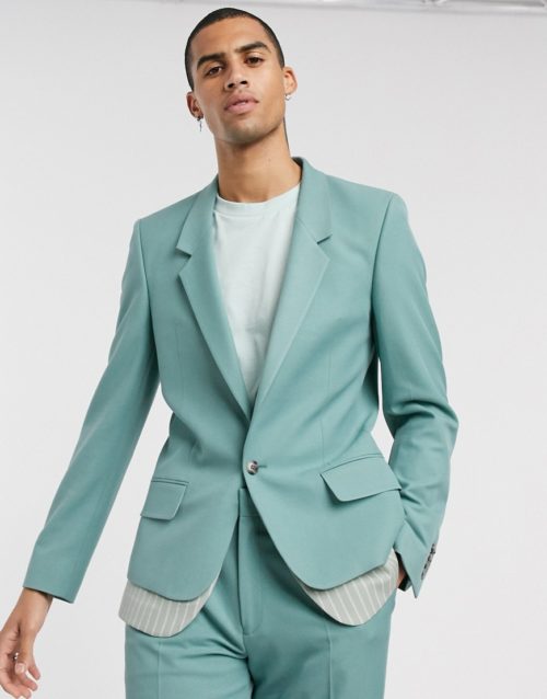 ASOS DESIGN slim suit jacket with double layer in green stripe