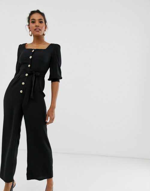 ASOS DESIGN square neck puff sleeve jumpsuit with button detail-Black