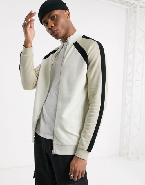ASOS DESIGN track jacket with colour block sleeve stripes in black / grey / beige
