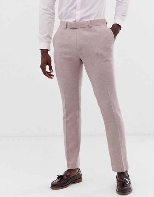 ASOS DESIGN wedding skinny suit trousers in pink herringbone-Grey