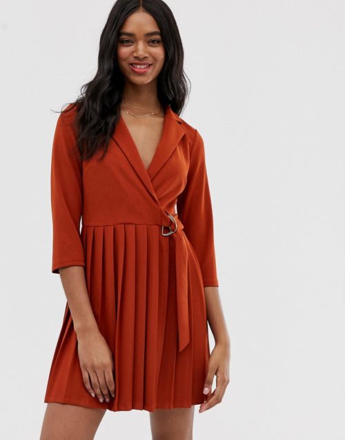 ASOS DESIGN wrap shirt dress with pleated skirt-Orange
