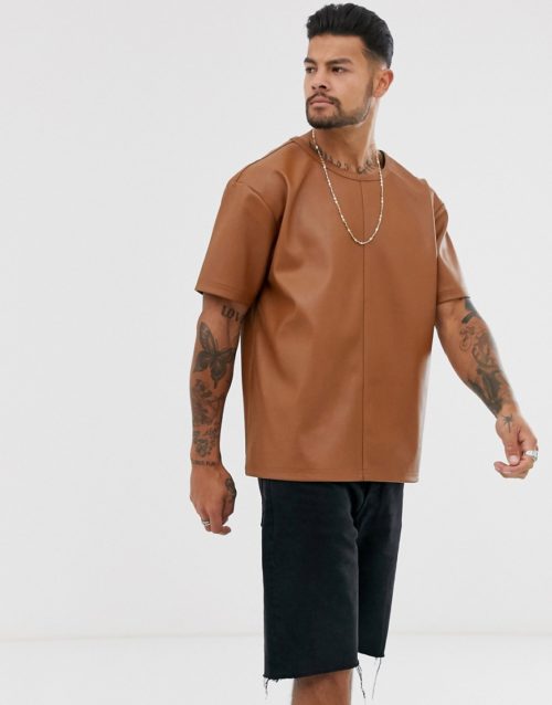 Another Influence PU faux leather t-shirt-Brown